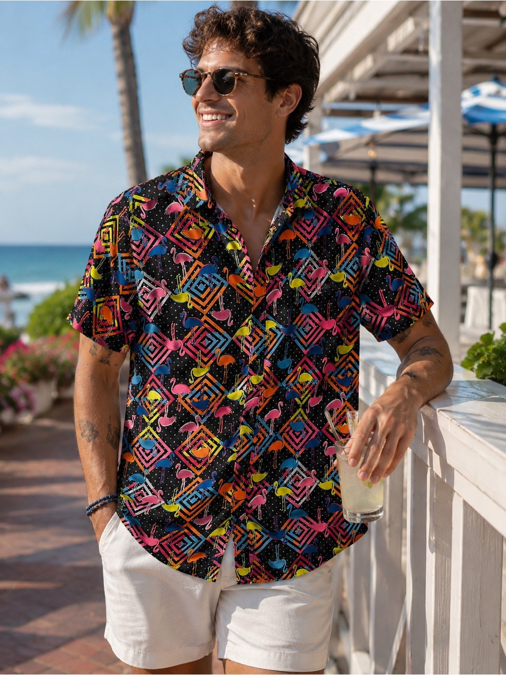 SURF SOCIETY Flamingo Geometric Print Button Front Shirt Size Medium